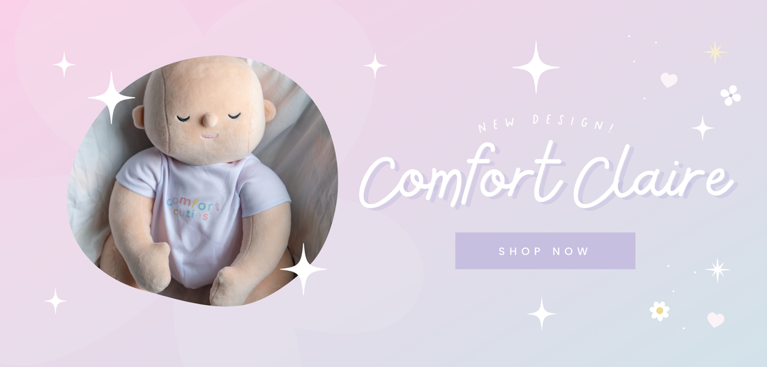 comfort cuties banner with new weighted doll